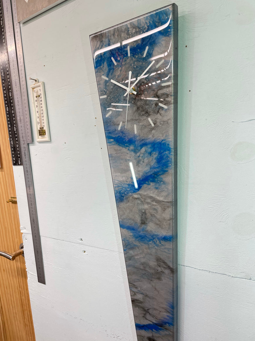 70cm Long Narrow Metallic Silver Blue and Black Abstract Resin Wall Clock