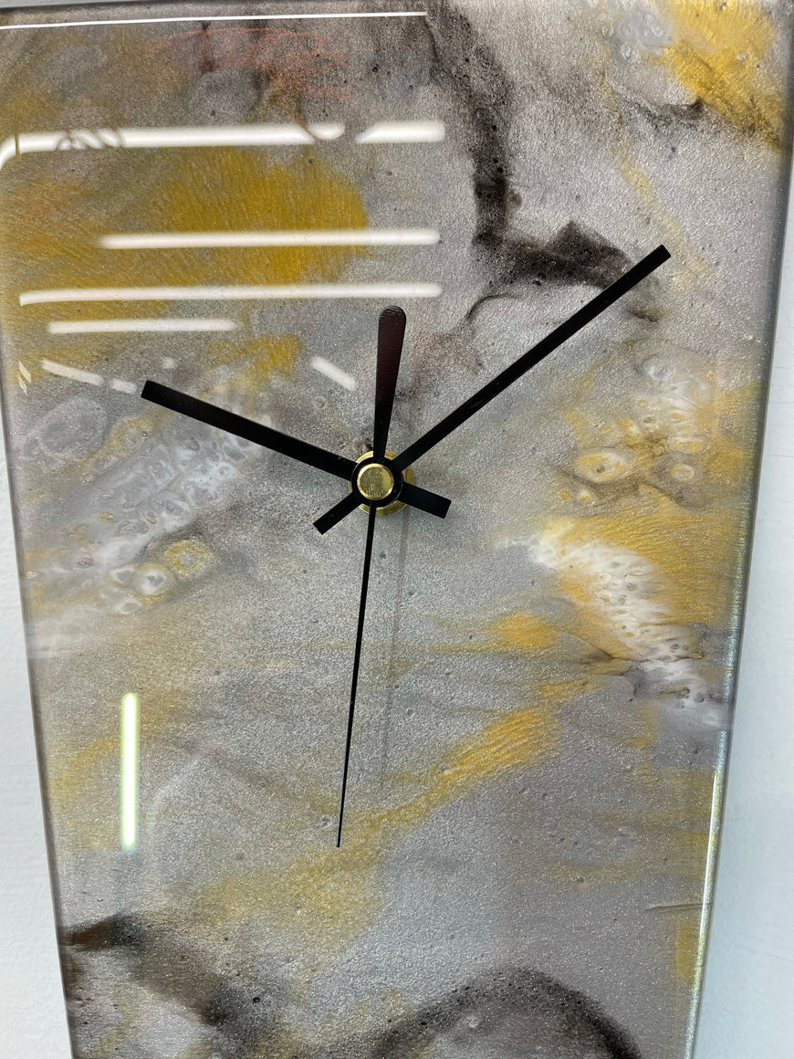 Narrow Metallic Silver Black Gold and White Abstract Resin Wall Clock