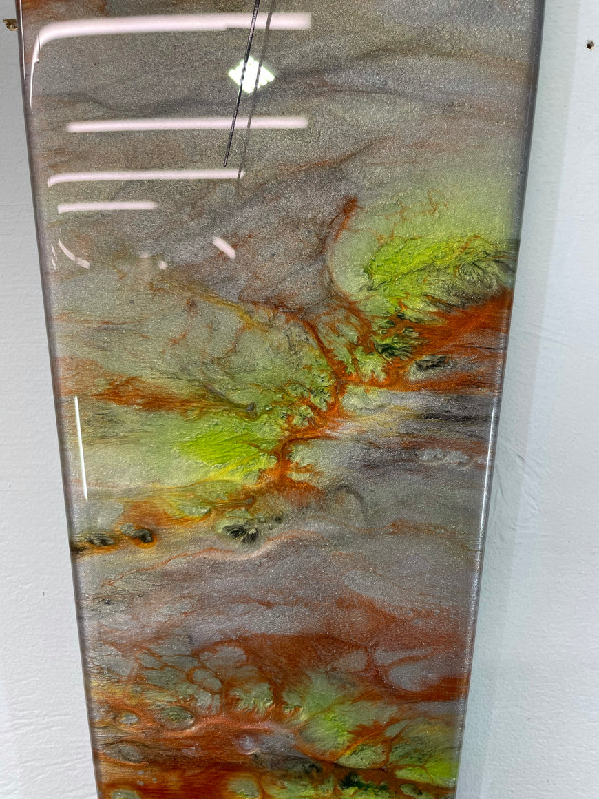 Narrow Metallic Silver Copper and Lime Green Abstract Resin Wall Clock