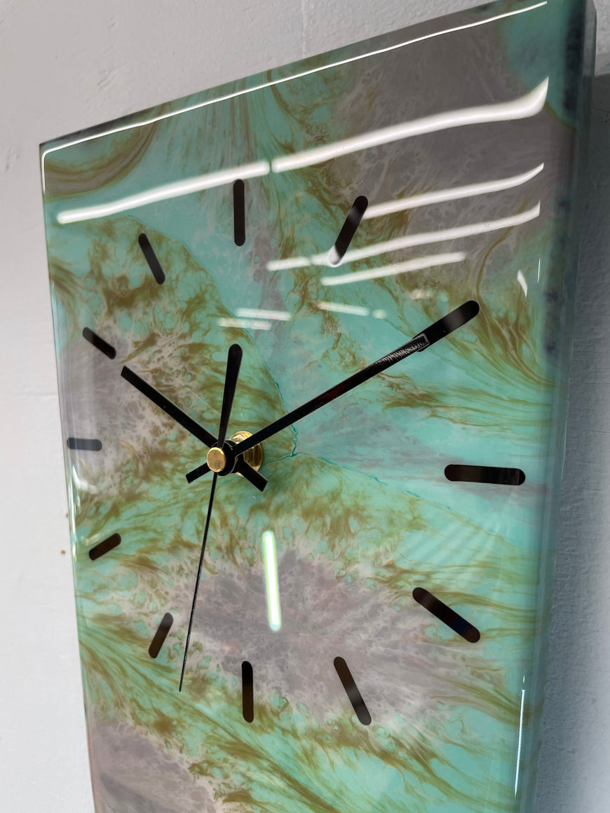 70cm Long Narrow Teal Grey and Green Abstract Resin Wall Clock