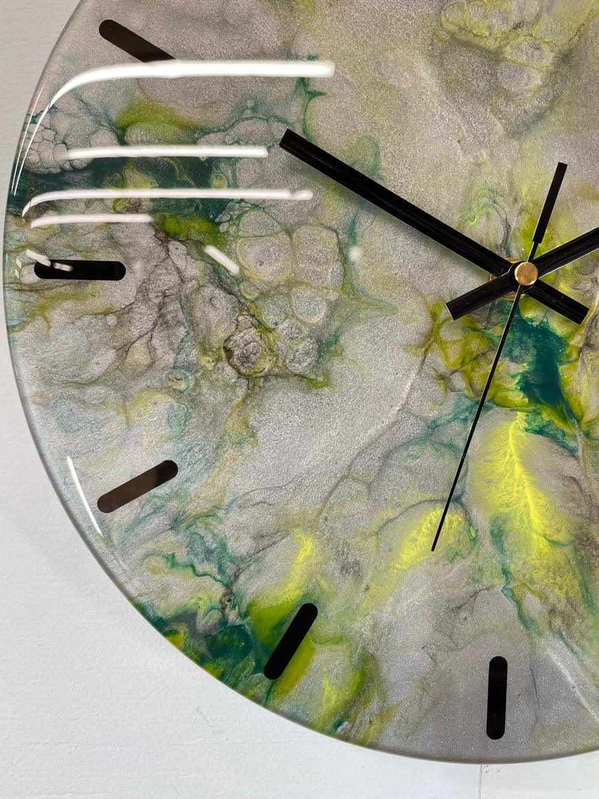 33cm Metallic Silver Dark Green and Yellow Abstract Modern Resin Wall Clock