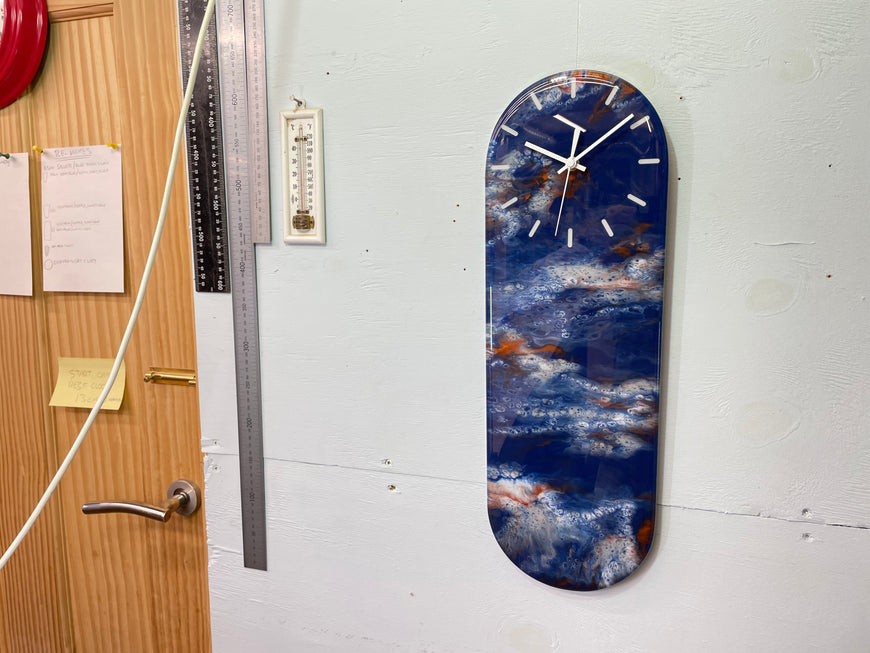 Narrow Navy Blue White Grey and Copper Abstract Resin Wall Clock