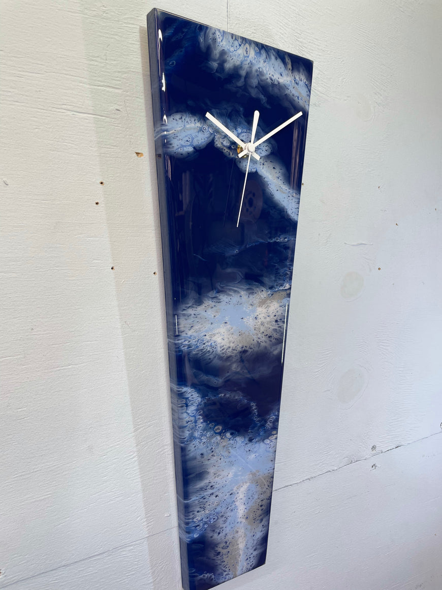 Narrow Navy and Baby Blue Grey and White Abstract Resin Wall Clock