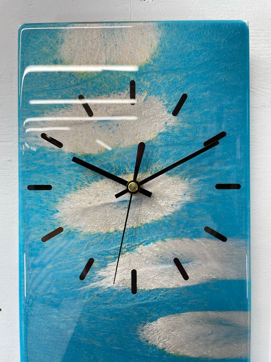 Teal and Silver Rectangular Abstract Resin Wall Clock