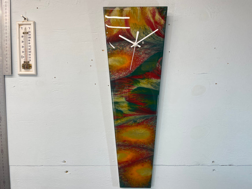 Narrow Dark Green Antique Gold and Maroon Abstract Resin Wall Clock