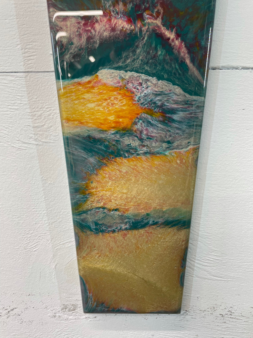 70cm Long Narrow Dark Green Blood Red and Antique Gold Abstract Resin Wall