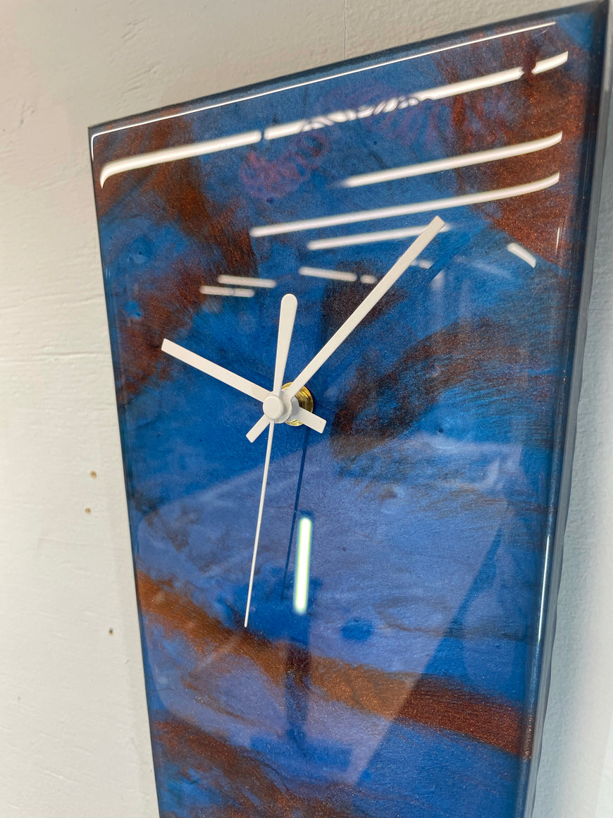 Narrow Metallic Blue Copper and Black Abstract Resin Wall Clock