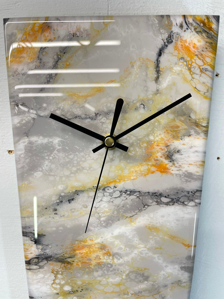 Narrow Grey Burnt Orange Black and White Abstract Resin Wall Clock