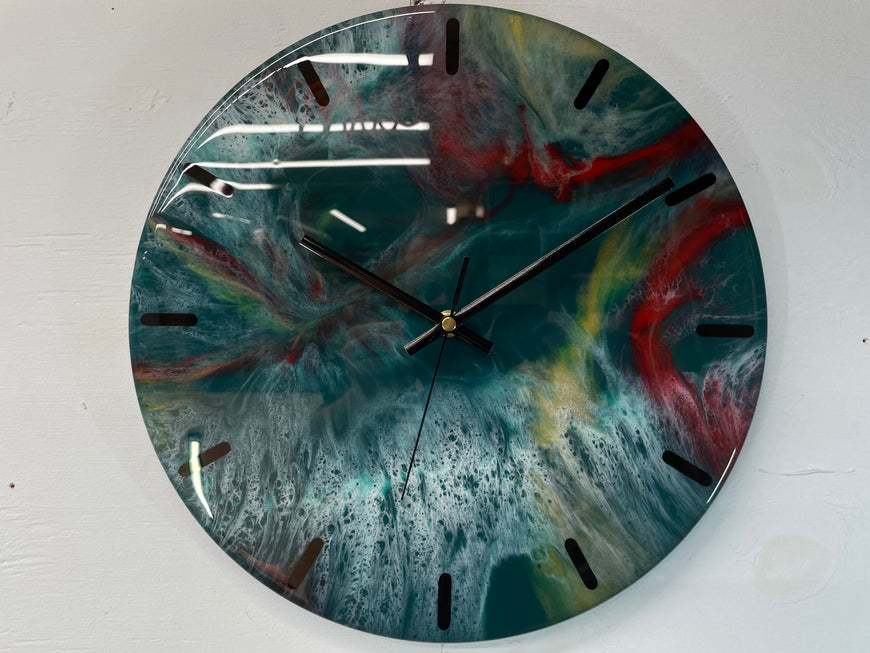 33cm Dark Green Maroon and Gold Abstract Modern Resin Wall Clock