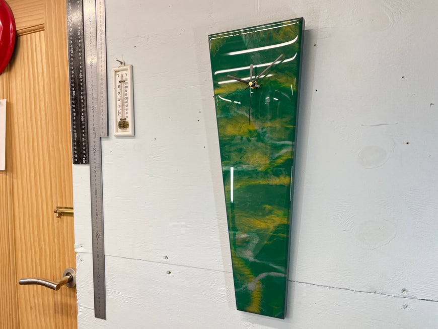 Narrow Dark Green Silver and Gold Abstract Resin Wall Clock