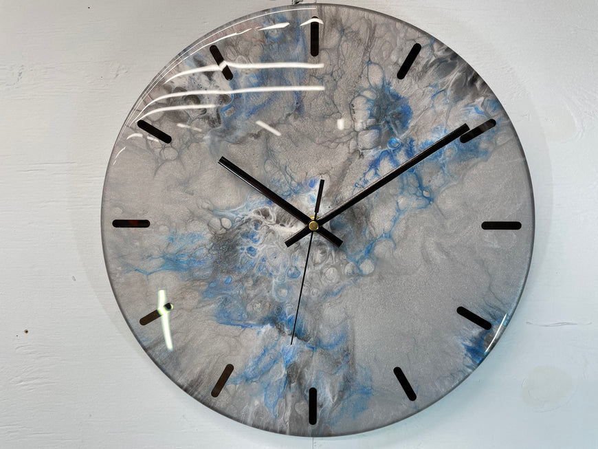 33cm Metallic Silver Blue and Black Abstract Modern Resin Wall Clock