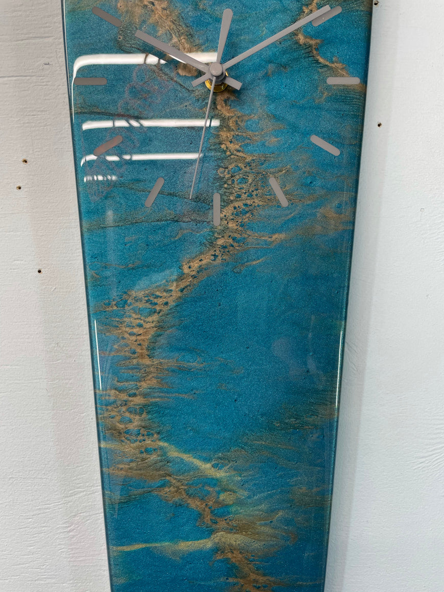 70cm Long Narrow Turquoise And Copper Abstract Resin Wall Clock