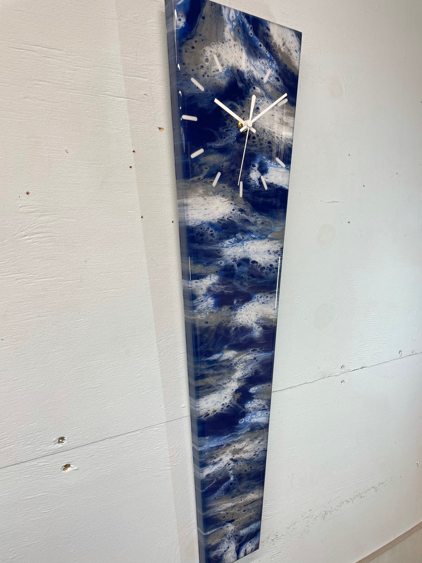 70cm Long Narrow Navy Blue White and Grey Abstract Resin Wall Clock