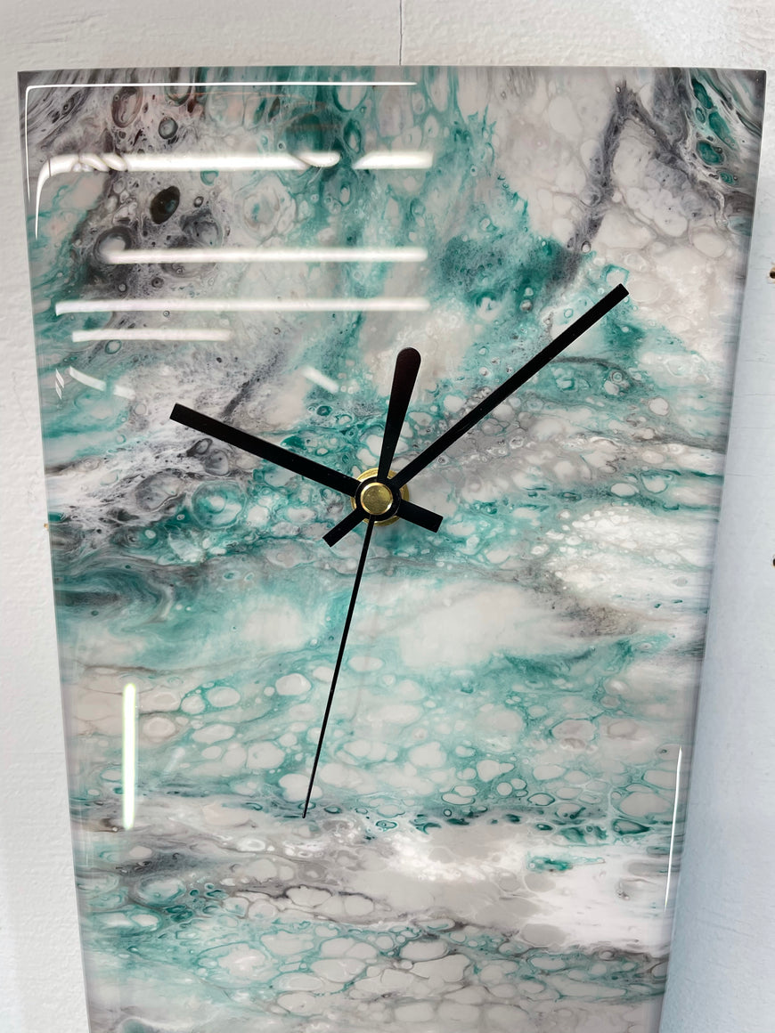 Narrow Grey Emerald Green Black and White Abstract Resin Wall Clock