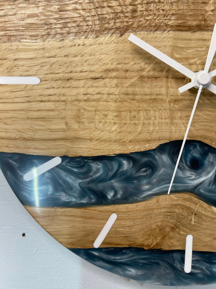 English Oak and Metallic Blue Pearlescent Resin Wall Clock
