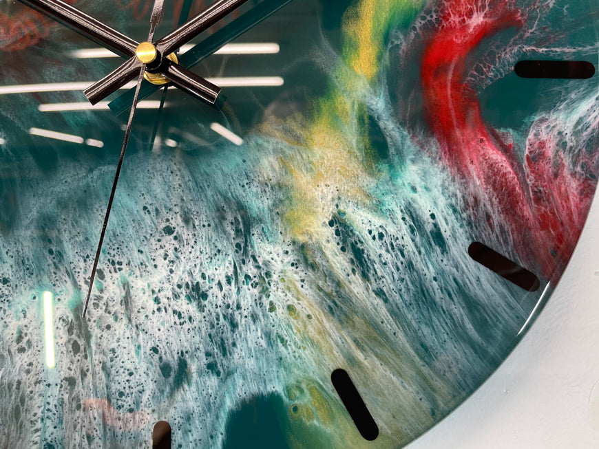 33cm Dark Green Maroon and Gold Abstract Modern Resin Wall Clock