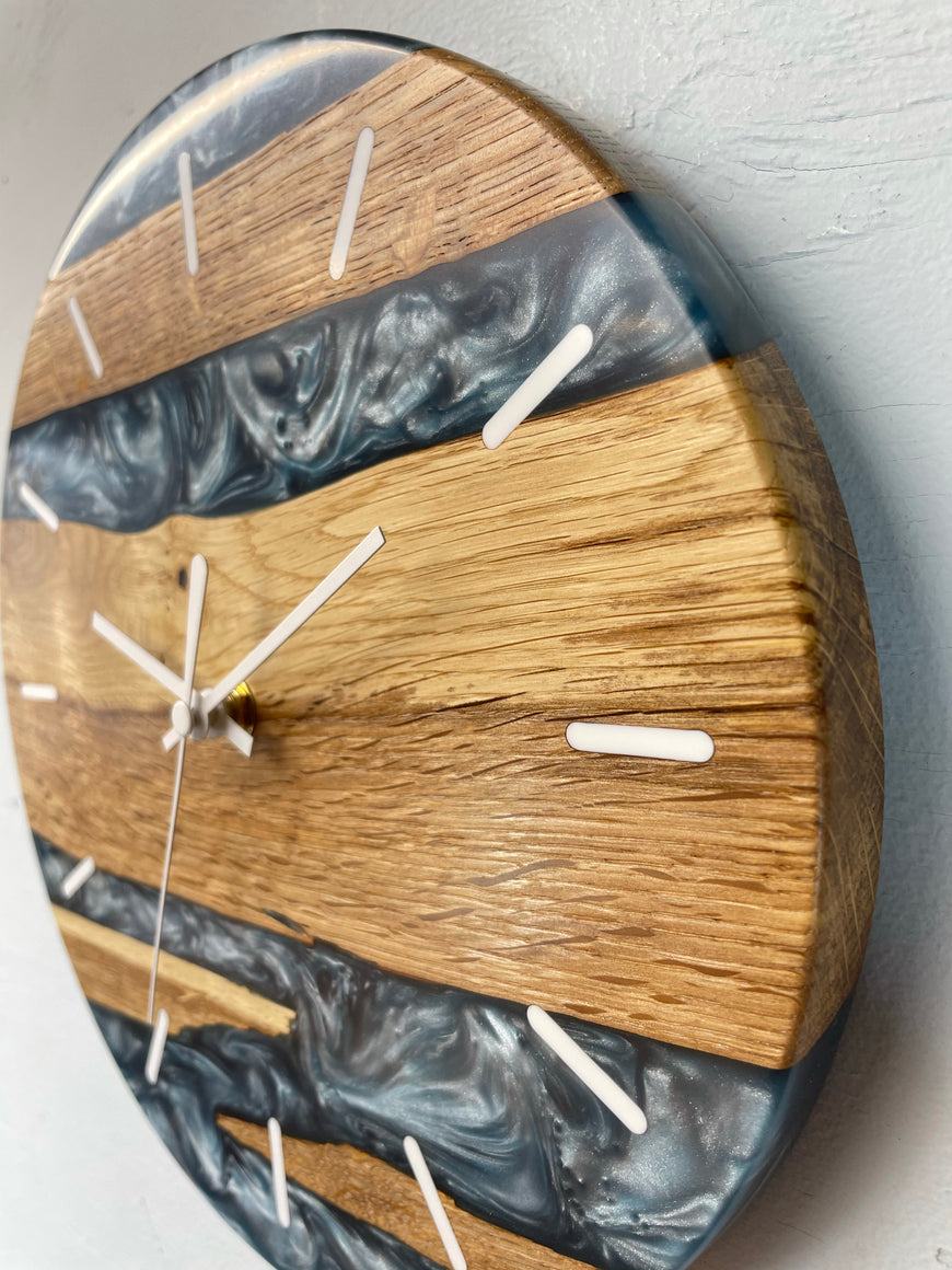 English Oak and Metallic Blue Pearlescent Resin Wall Clock