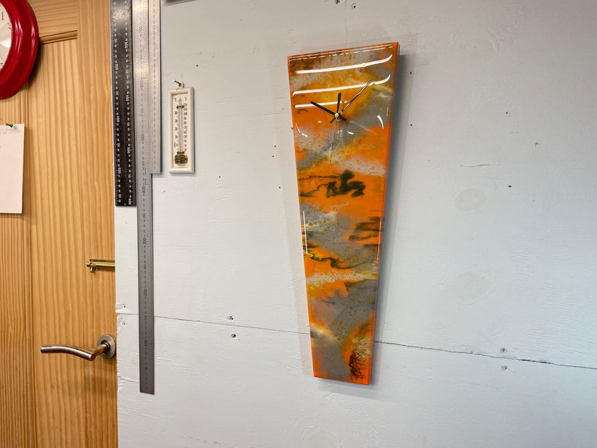 Narrow Burnt Orange Ivory Grey and Black Abstract Resin Wall Clock