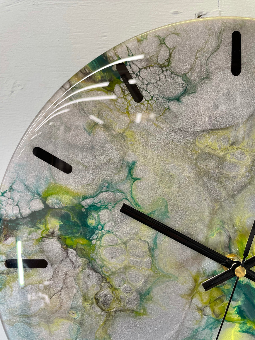 33cm Metallic Silver Dark Green and Yellow Abstract Modern Resin Wall Clock