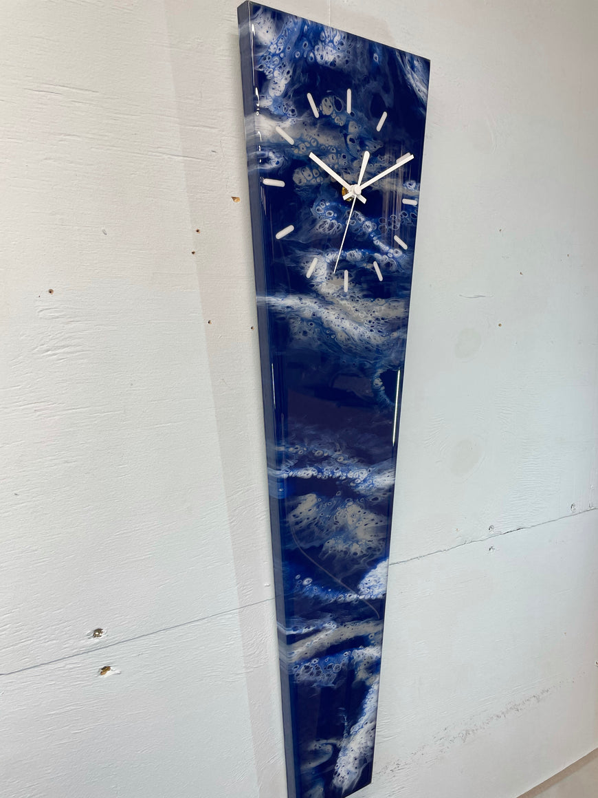 70cm Long Narrow Navy Blue White and Grey Abstract Resin Wall Clock