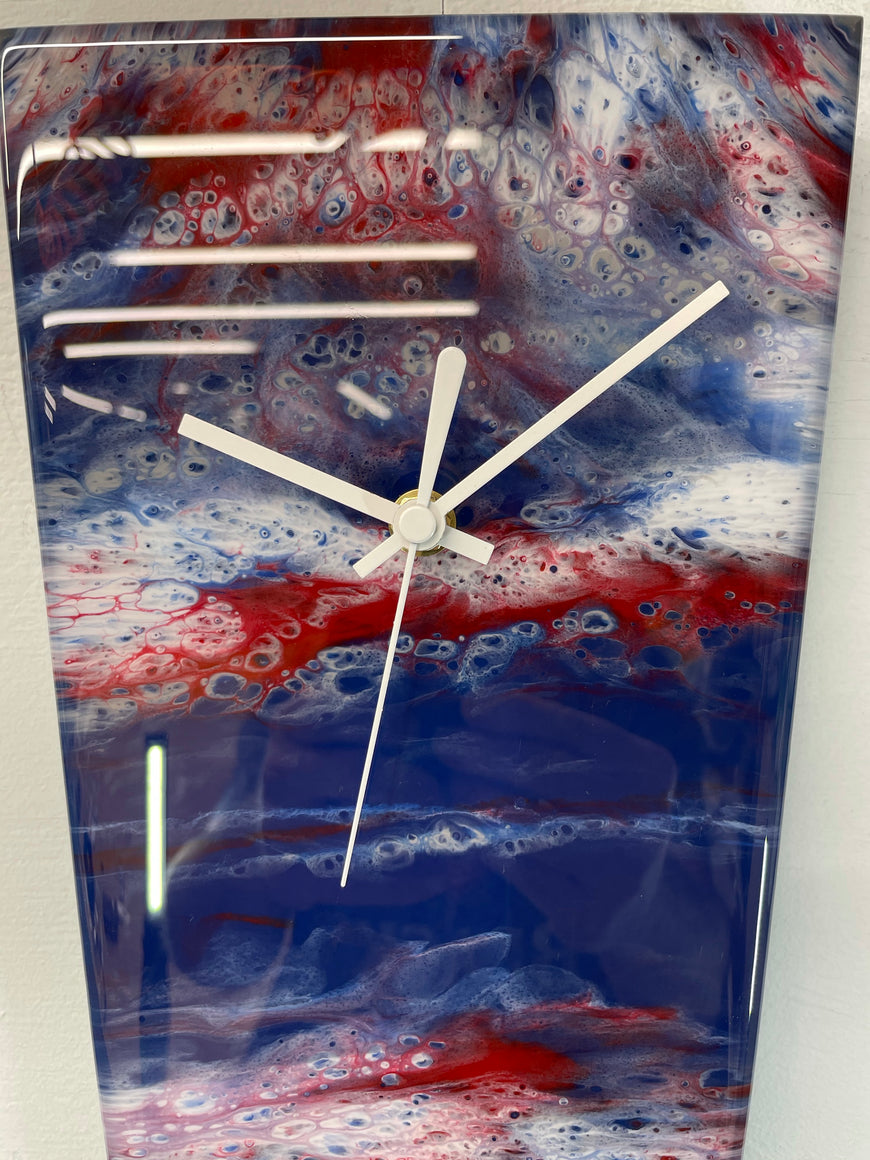 Narrow Navy Blue Blood Red and White Abstract Resin Wall Clock