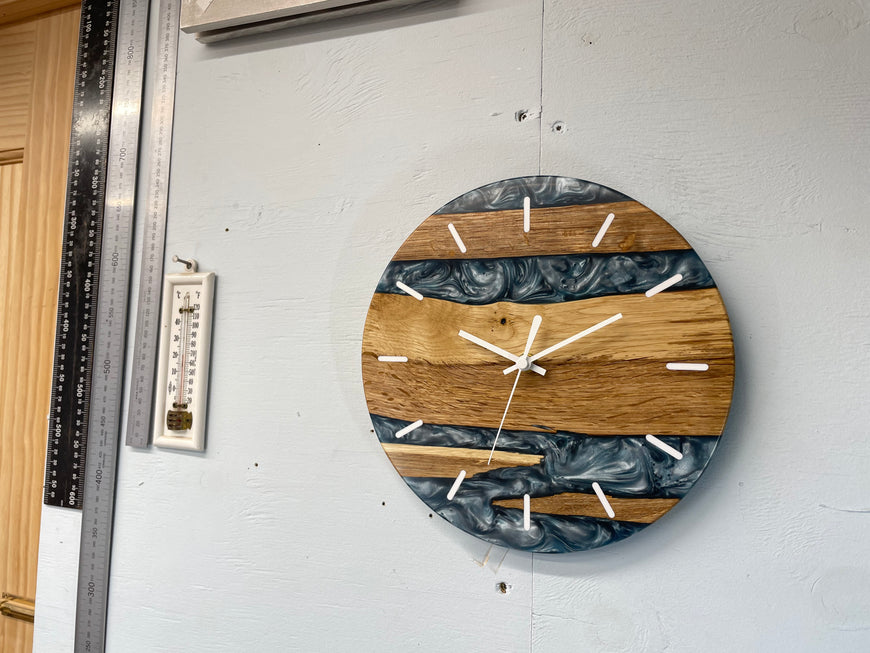 English Oak and Metallic Blue Pearlescent Resin Wall Clock