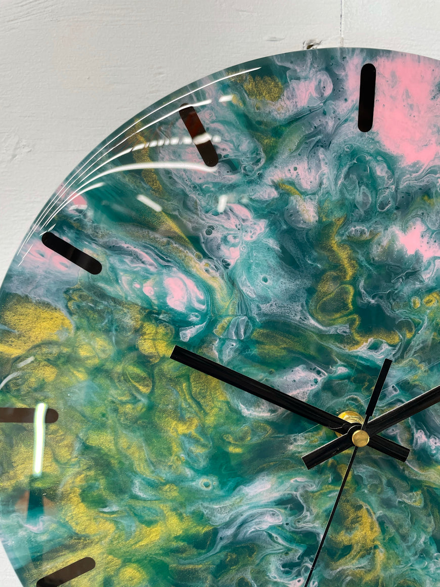 33cm Dark Green Pink and Gold Abstract Modern Resin Wall Clock