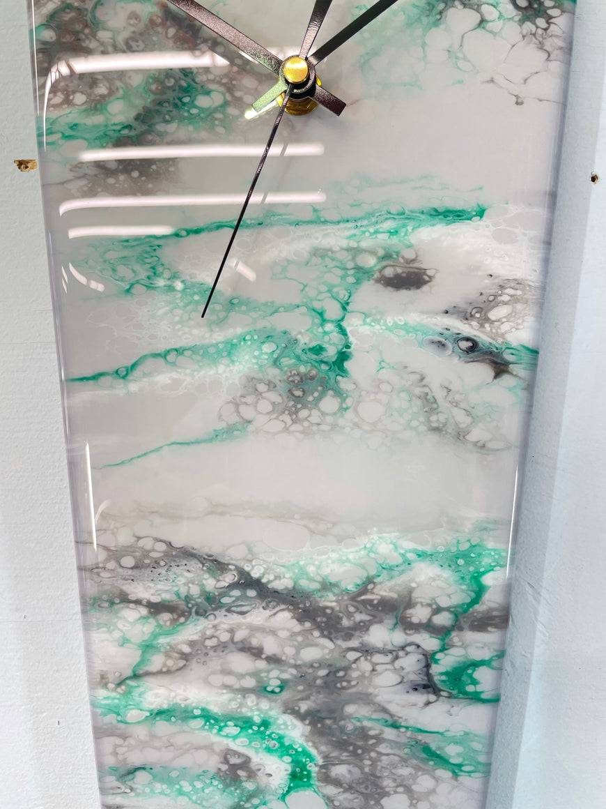 Long Grey Emerald Green and Black Abstract Resin Wall Clock