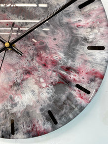 33cm Grey Blood Red Maroon and White Abstract Modern Resin Wall Clock