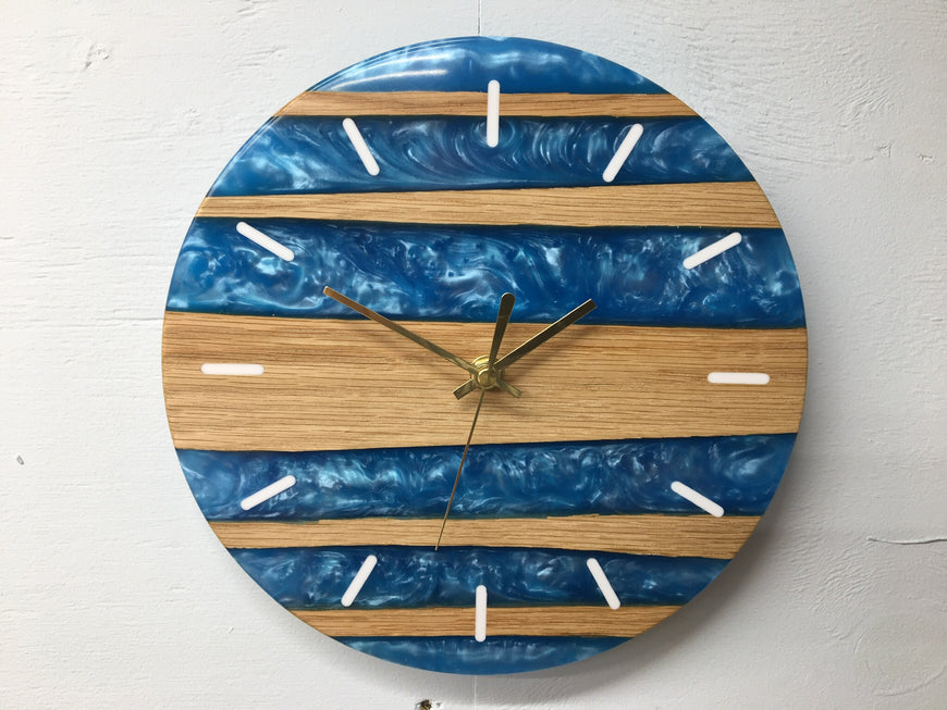 Sky Blue Pearlescent Resin and Red Oak Wall Clock