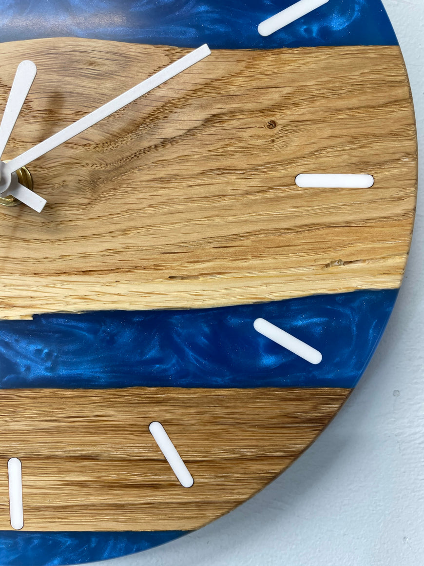 English Oak and Sapphire Blue Pearlescent Resin Wall Clock