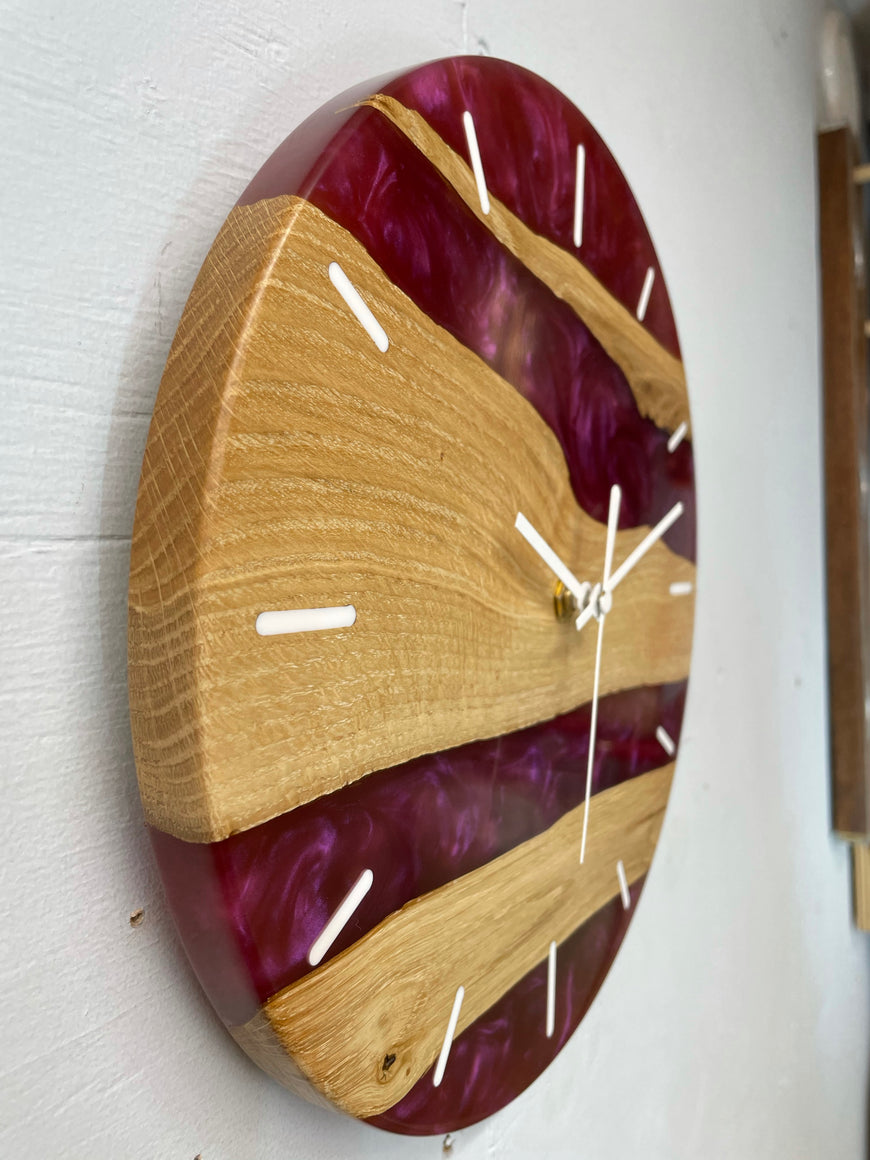 English Oak and Pearlescent Magenta Resin Wall Clock