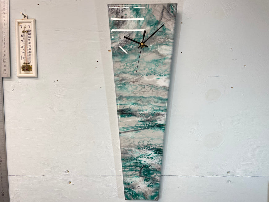 Narrow Grey Emerald Green Black and White Abstract Resin Wall Clock
