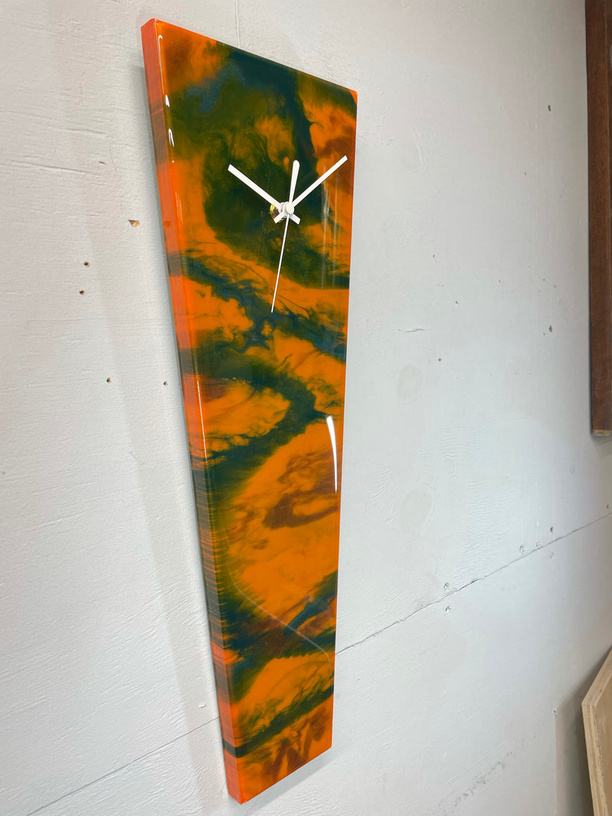 Narrow Burnt Orange Emerald Green and Copper Abstract Resin Wall Clock