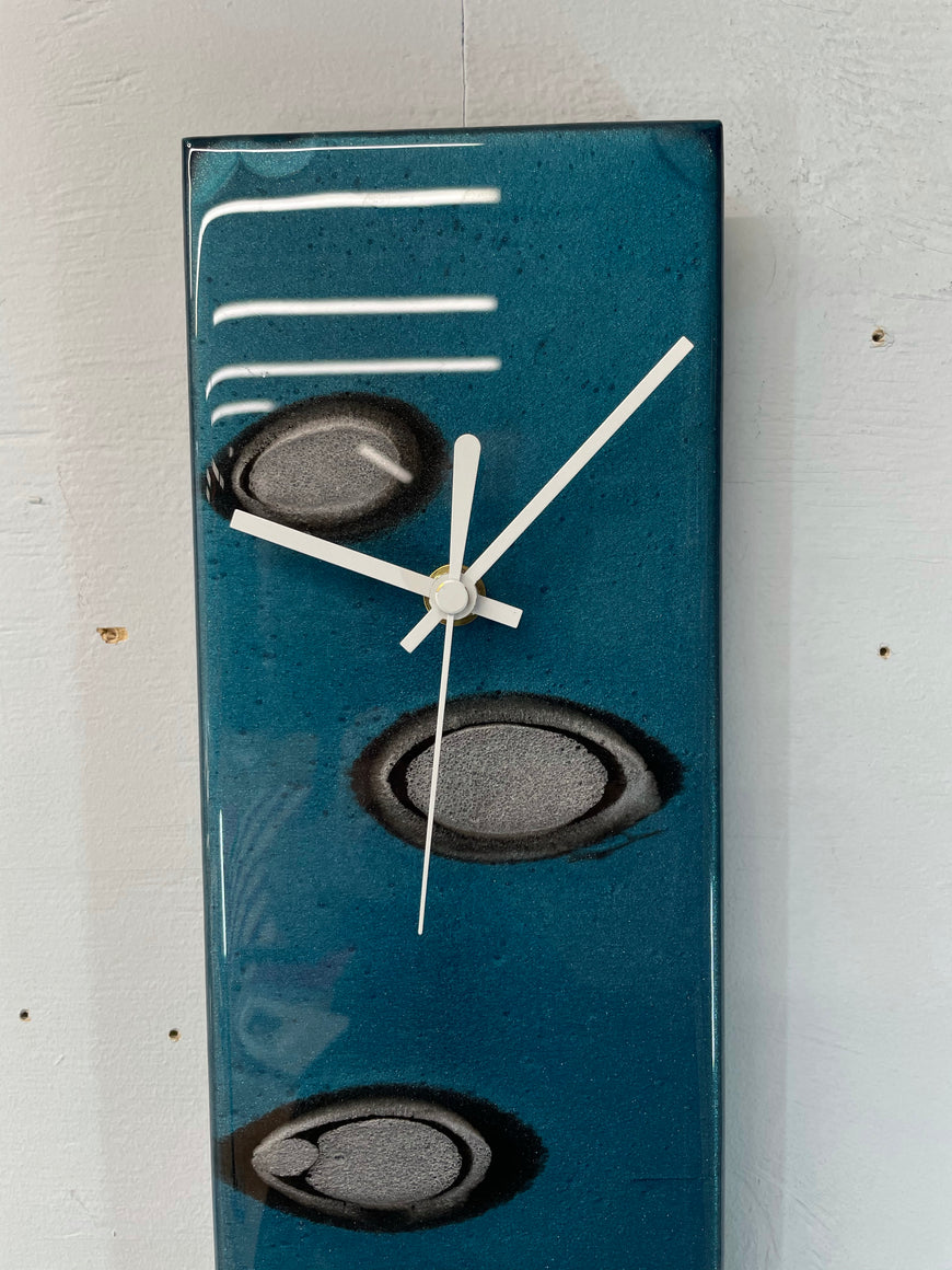 Narrow Turquoise Silver & Black Rectangular Abstract Resin Wall Clock   70cm x 12cm