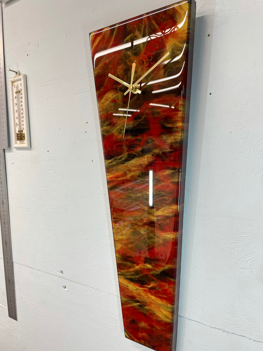 Narrow Black Blood Red Maroon and Gold Abstract Resin Wall Clock