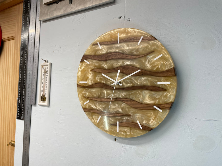 28cm Black Walnut and Antique Pearl Resin Wall Clock