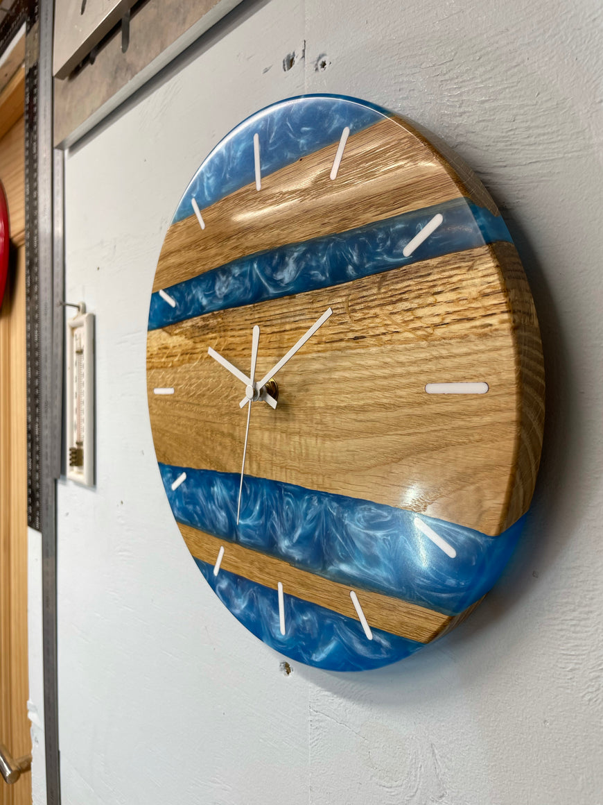 28cm English Oak and Sky Blue Pearlescent Resin Wall Clock