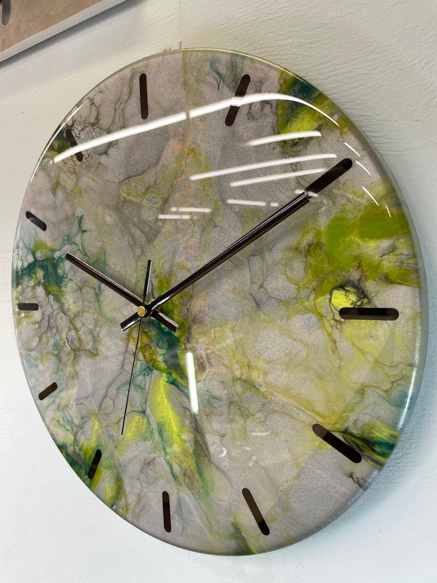 33cm Metallic Silver Dark Green and Yellow Abstract Modern Resin Wall Clock