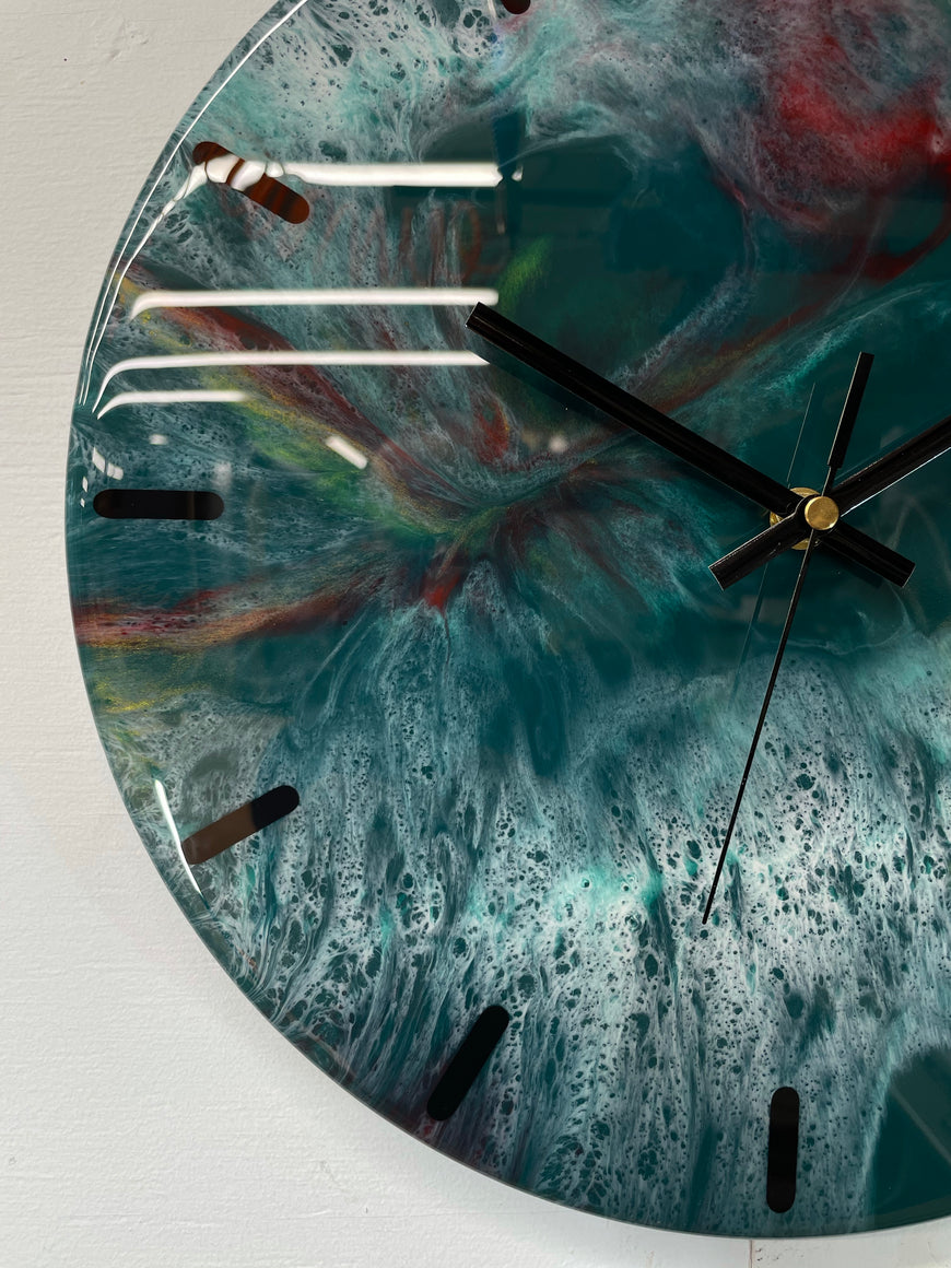 33cm Dark Green Maroon and Gold Abstract Modern Resin Wall Clock