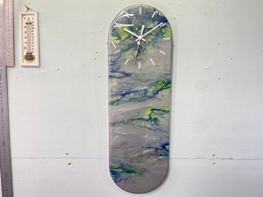 Narrow Metallic Silver Blue and Green Abstract Resin Wall Clock