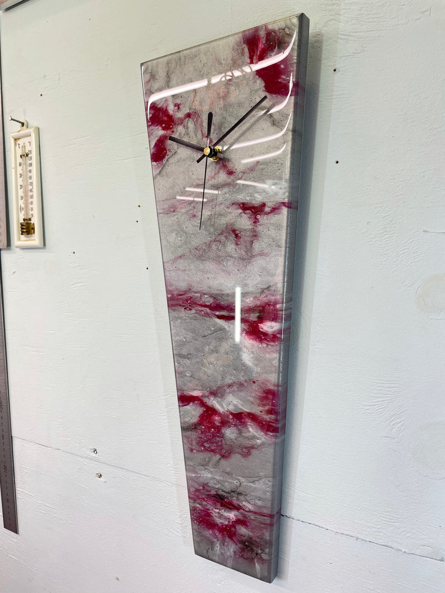 Narrow Silver and Blood Red Abstract Resin Wall Clock