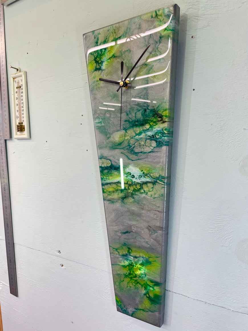 Narrow Metallic Silver and Green Abstract Resin Wall Clock