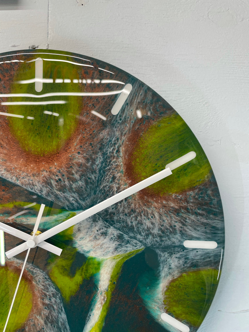 33cm Dark Green Copper and Moss Green Abstract Modern Resin Wall Clock