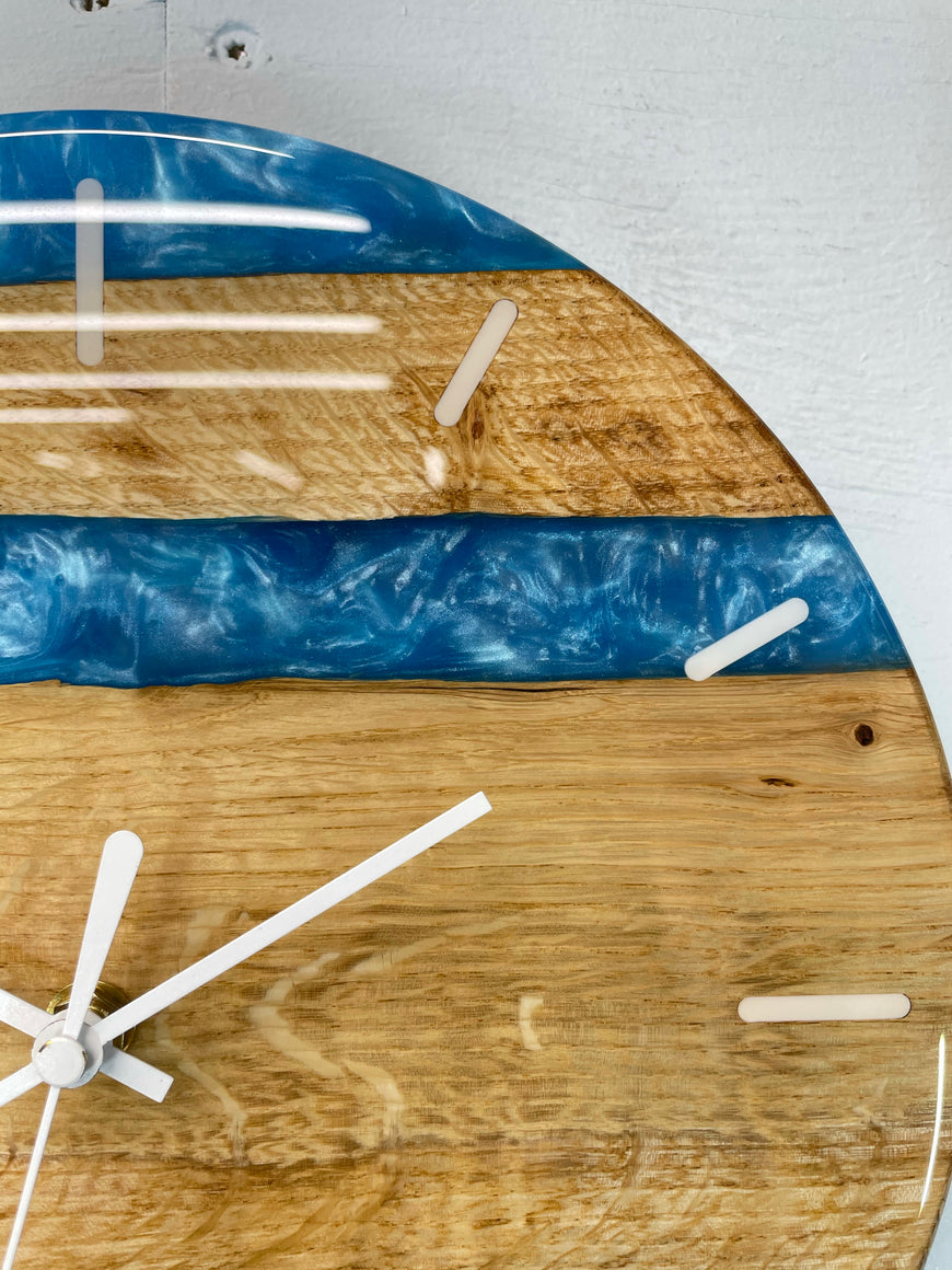 English Oak and Sky Blue Pearlescent Resin Wall Clock
