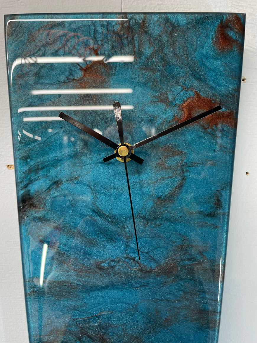 Narrow Turquoise and Copper Abstract Resin Wall Clock