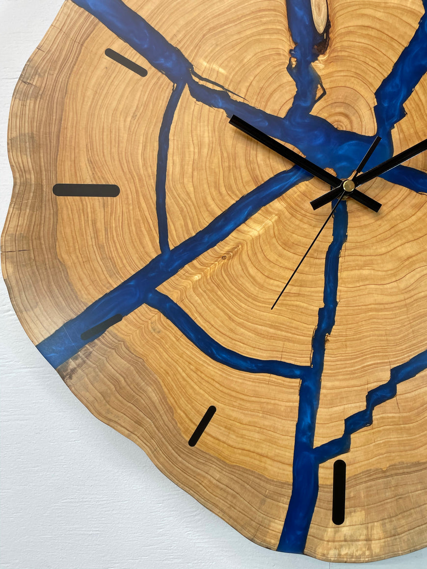 Large End Grain Wooden Wall Clock with Sapphire Blue Pearlescent Resin