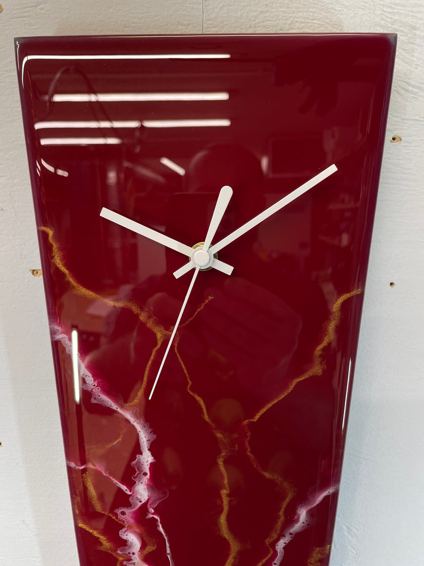 Narrow Dark Red Maroon White and Gold Abstract Resin Wall Clock