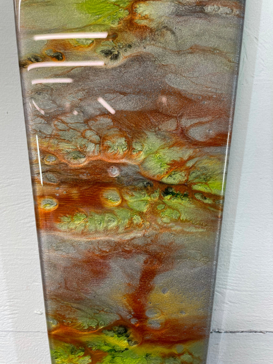 Narrow Metallic Silver Copper and Lime Green Abstract Resin Wall Clock