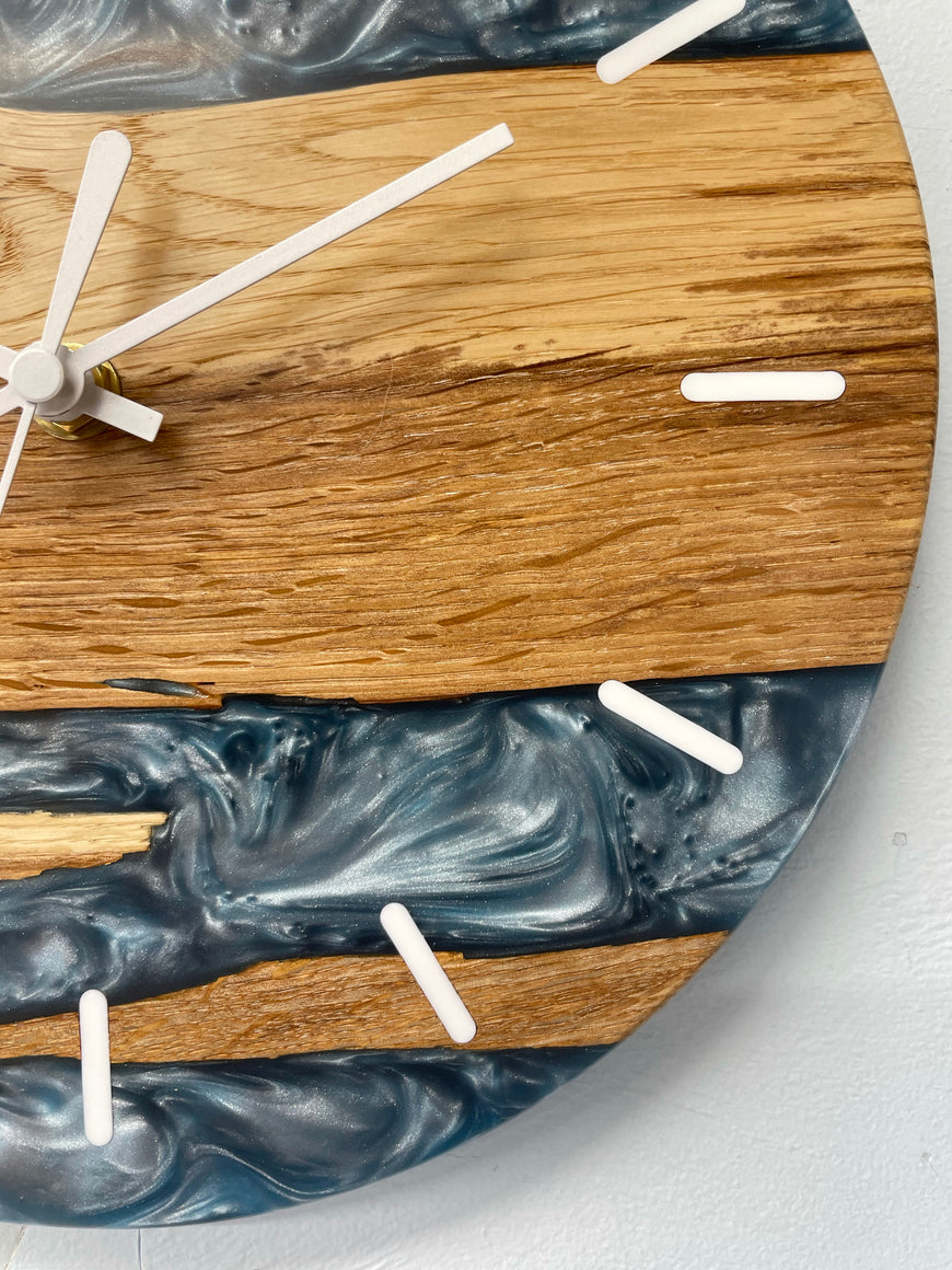 English Oak and Metallic Blue Pearlescent Resin Wall Clock